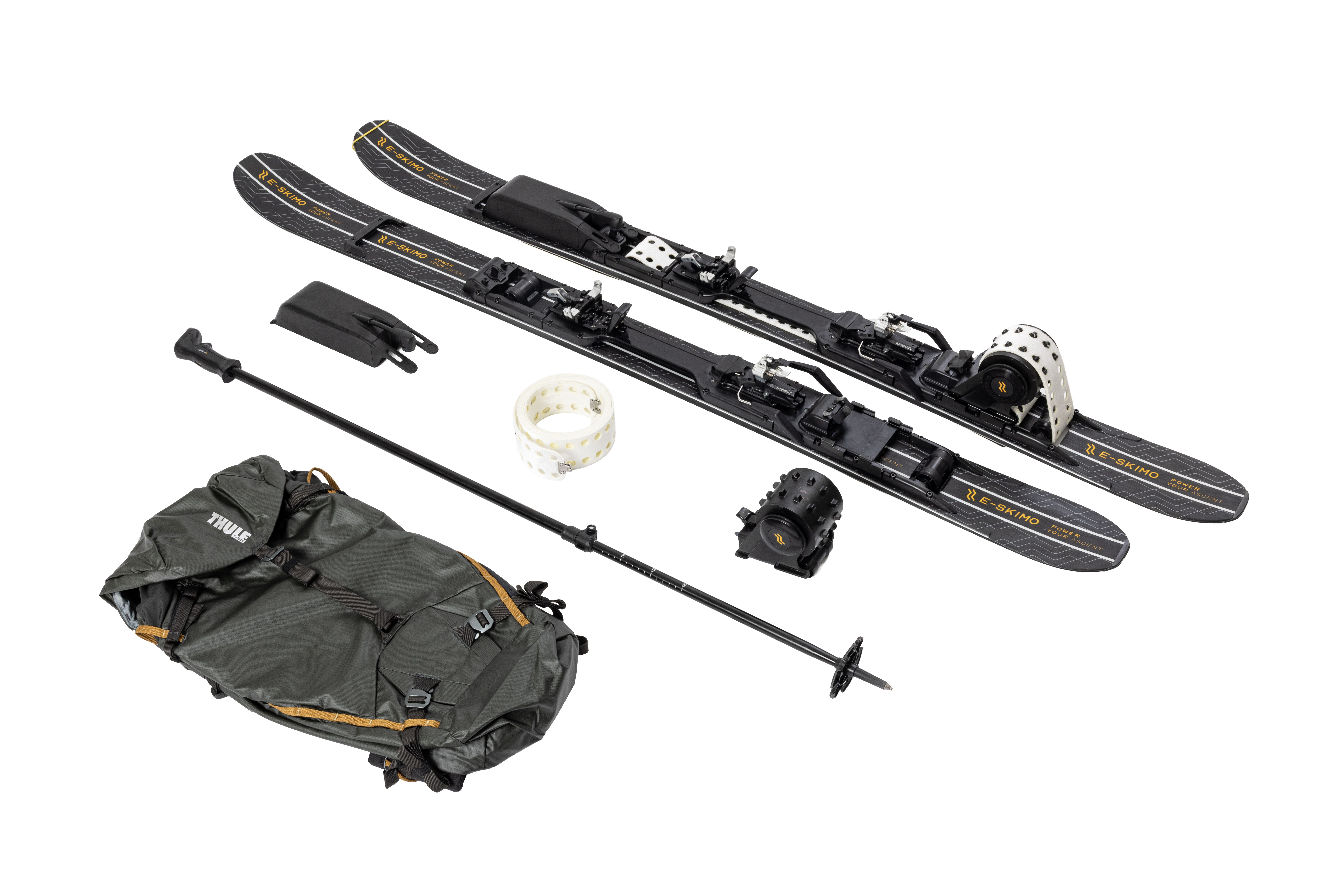 E-SKIMO V2 complete system: skis with drive units, skins, pole with remote, Thule backpack